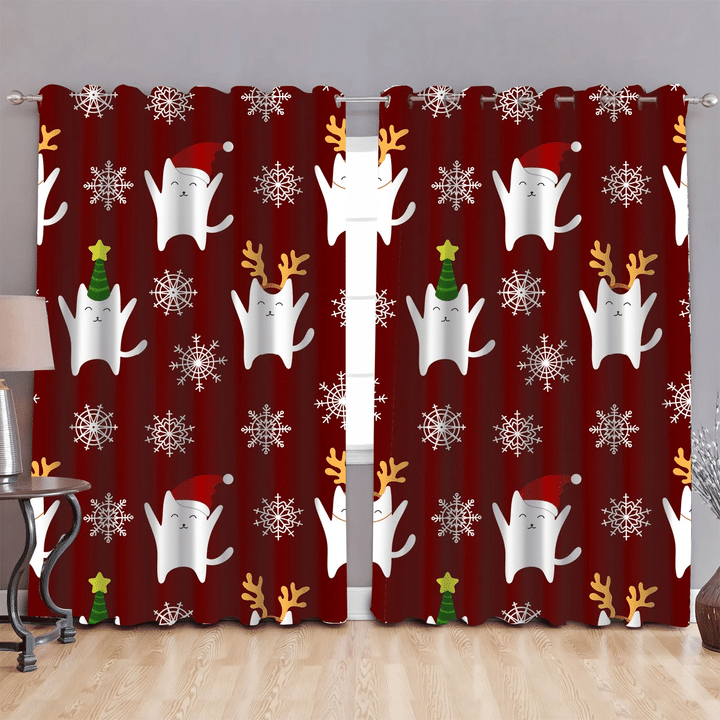 Christmas Cat Red Background With Snowflakes Window Curtains Door Curtains Home Decor