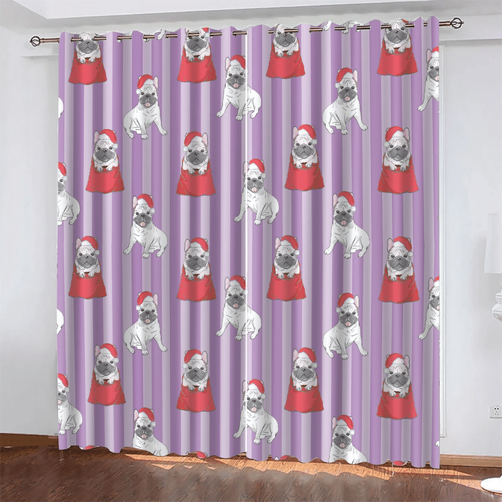 Cute Bulldog In Red Santa's Gift Bag On Purple Stripe (2) Window Curtains Door Curtains Home Decor