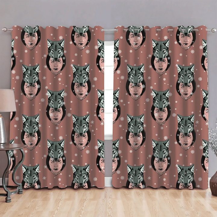 Christmas With Heads Of Native American Man In Wolf Mask Window Curtains Door Curtains Home Decor