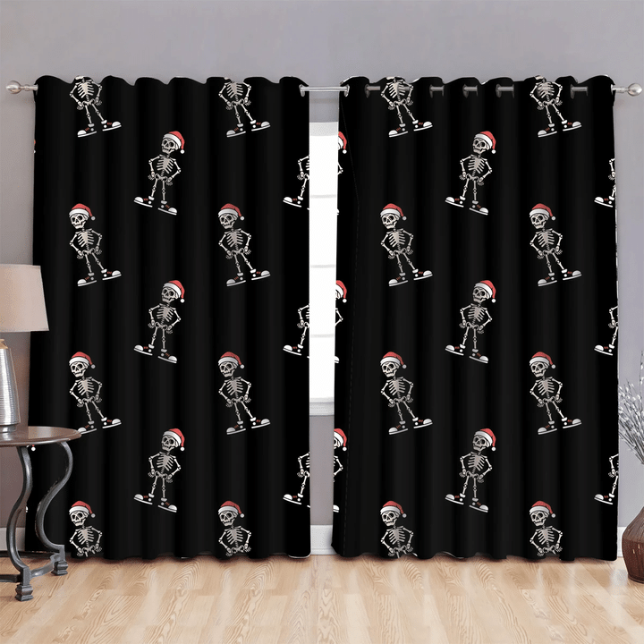 Christmas Cartoon Skeleton With Santa Hat And Sneakers Window Curtains Door Curtains Home Decor
