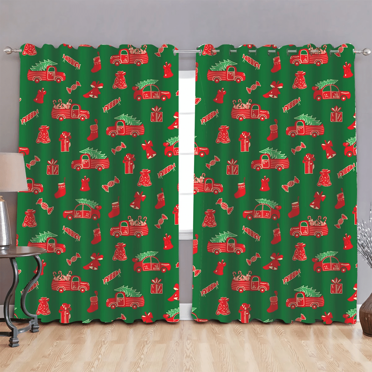 All Elements In Red Colors With Trucks Trees Socks And Candy Pattern Window Curtains Door Curtains Home Decor
