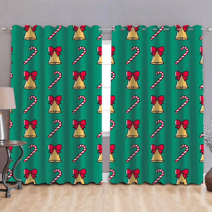 Sweet Candy Canes And Bells Pattern On Green Background Window Curtains Door Curtains Home Decor