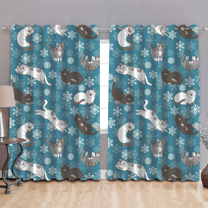 Sleeping And Playing Cat On Blue Snowflakes Window Curtains Door Curtains Home Decor