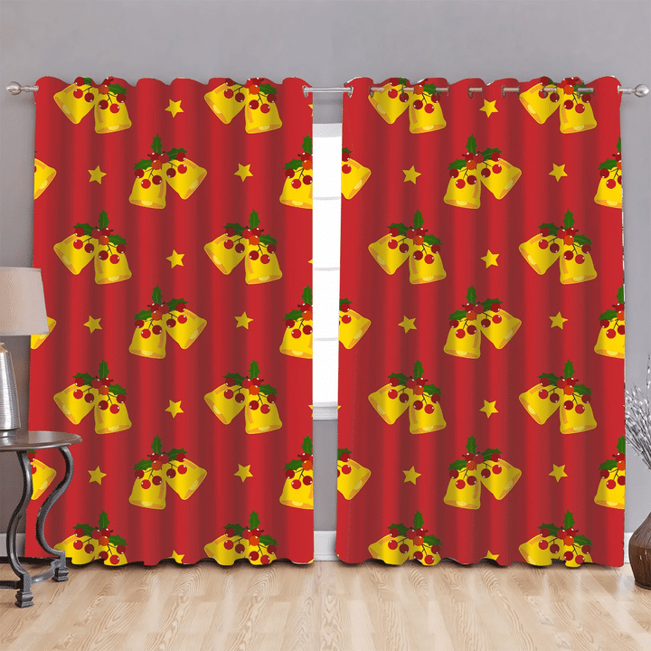 Holly Berries Branches Yellow Stars And Bells On Red Background Window Curtains Door Curtains Home Decor