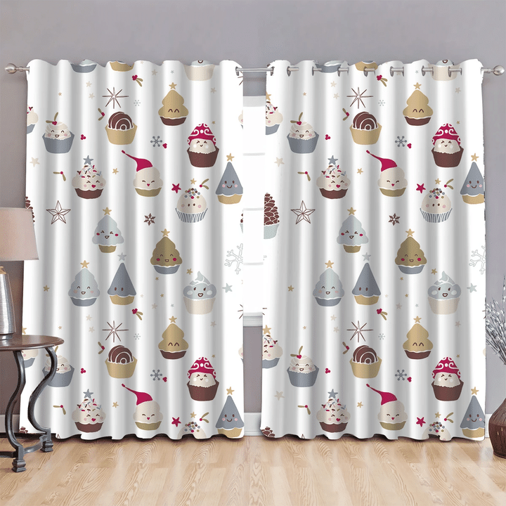 Cute Smiley Winter Cupcakes Illustration Pattern Window Curtains Door Curtains Home Decor