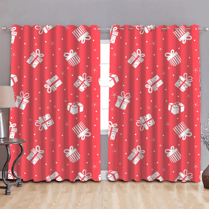 White Gift Boxes Pattern On Red Background Window Curtains Door Curtains Home Decor