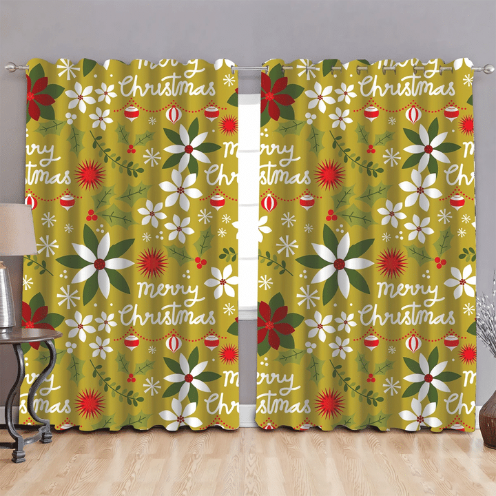 Hand Drawn Merry Christmas With Poinsettias And Lanterns Window Curtains Door Curtains Home Decor