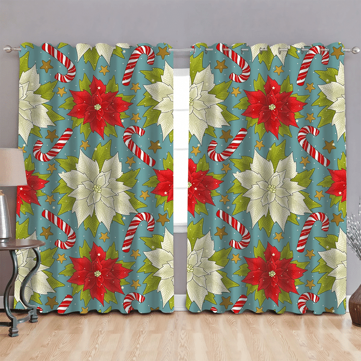 Christmas Red Poinsettia And Candy Cane Window Curtains Door Curtains Home Decor