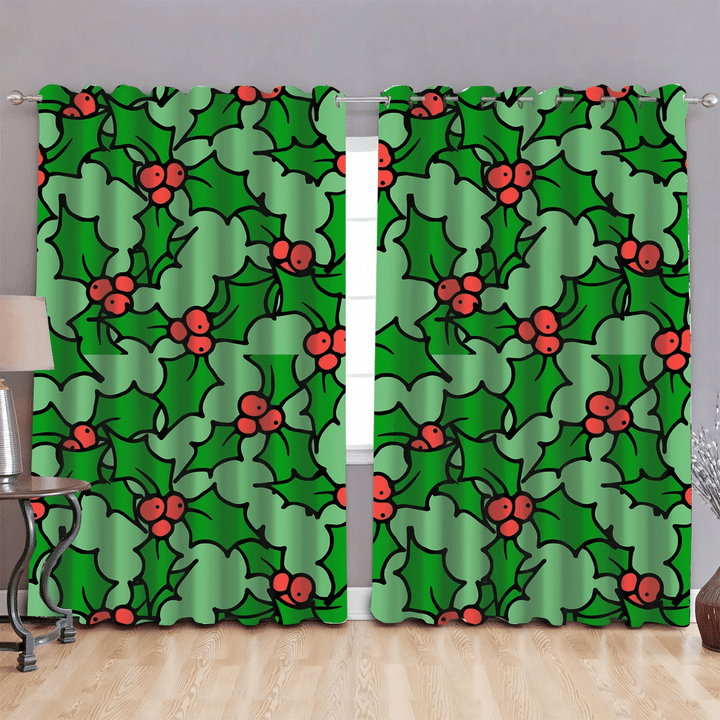Thick Outline Doodle Stryle Green Holly Leaves And Red Berries Window Curtains Door Curtains Home Decor