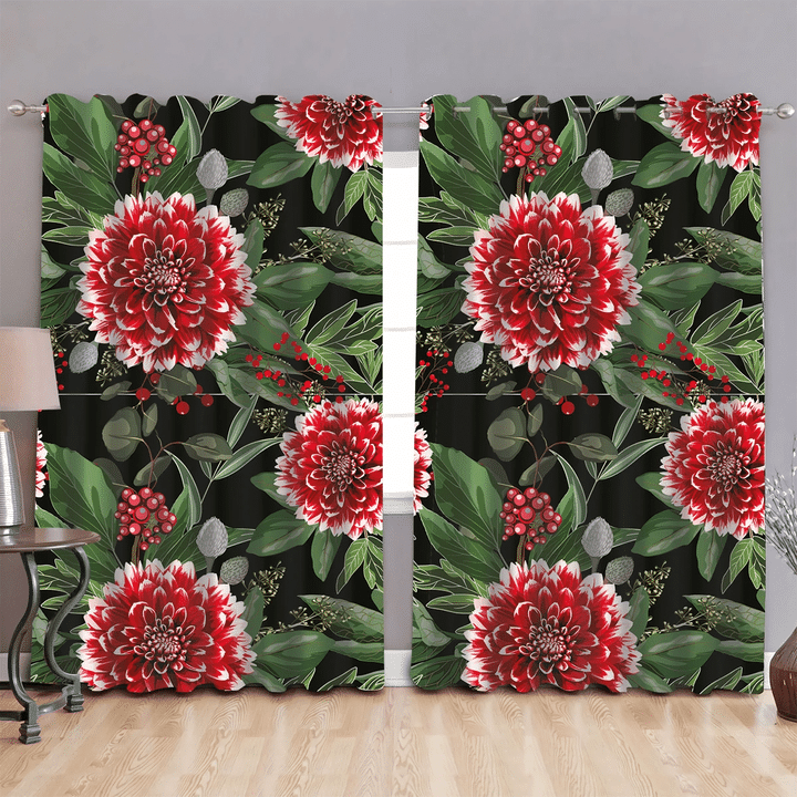 Red Dahlia Flowers With Christmas Berries Window Curtains Door Curtains Home Decor
