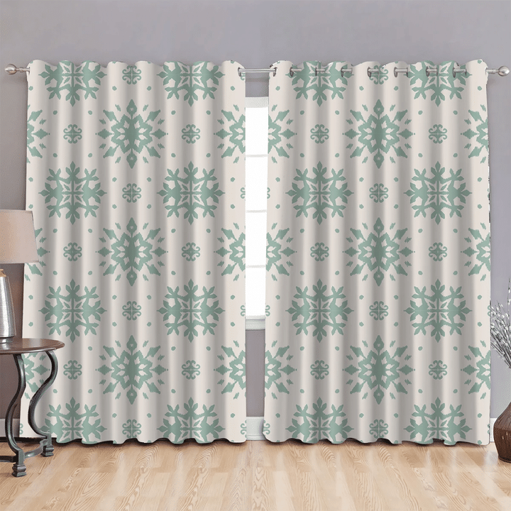 Oriental Damask Ethnic Motif Snowflakes In Green Colors Pattern Window Curtains Door Curtains Home Decor