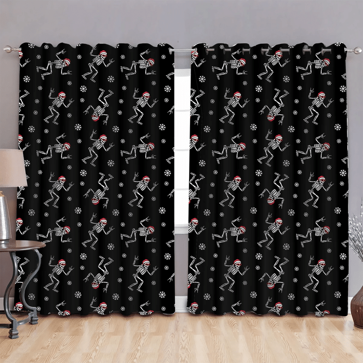Christmas Skeletons With Rock Sign On Black Window Curtains Door Curtains Home Decor