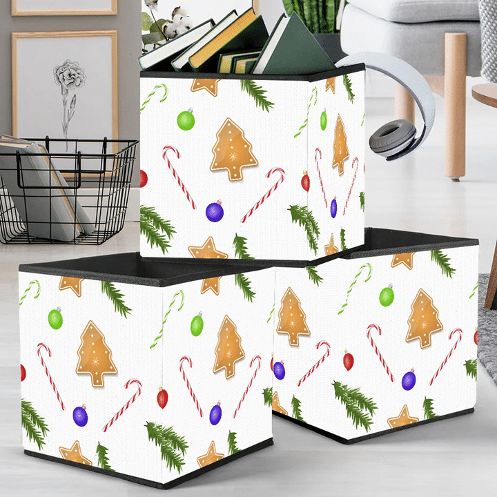 Colorful Christmas Balls Fir Branches Gingerbread Candy Storage Bin Storage Cube