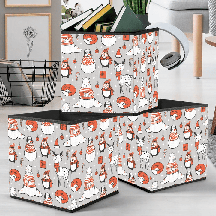 Christmas Festive Trendy Penguins Animals Grey Background Storage Bin Storage Cube