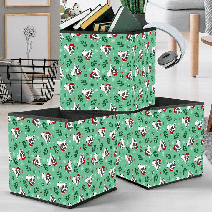 Cartoon French Bulldog Holly Berry And Leaves On Green Background Storage Bin Storage Cube