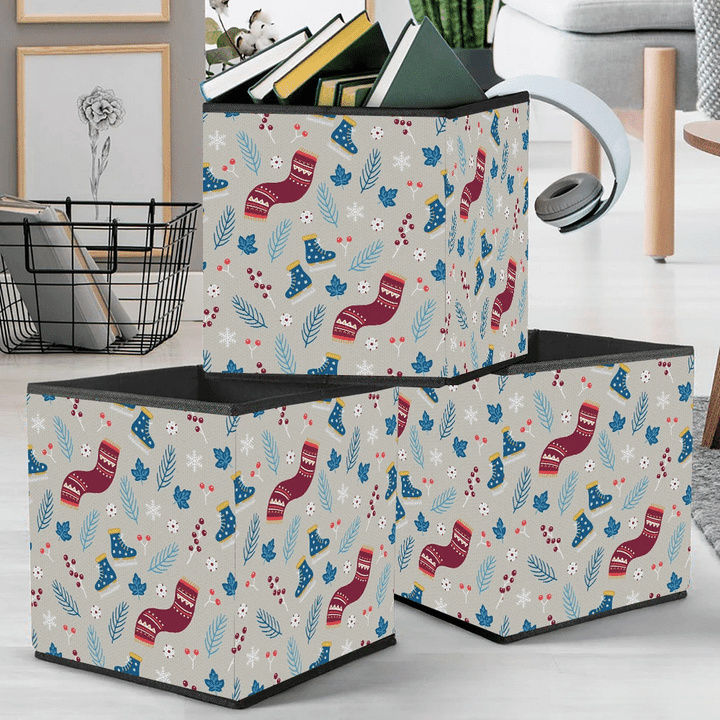 Christmas Pattern With Ice Skates Pine Branches And Scarfs Pattern Storage Bin Storage Cube
