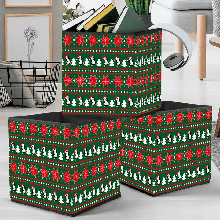 Theme Christmas Cartoon Penguins And Red Snowflakes Storage Bin Storage Cube