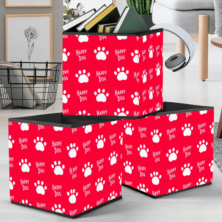 Happy Dog With Dog Trail Paws Red And White Storage Bin Storage Cube