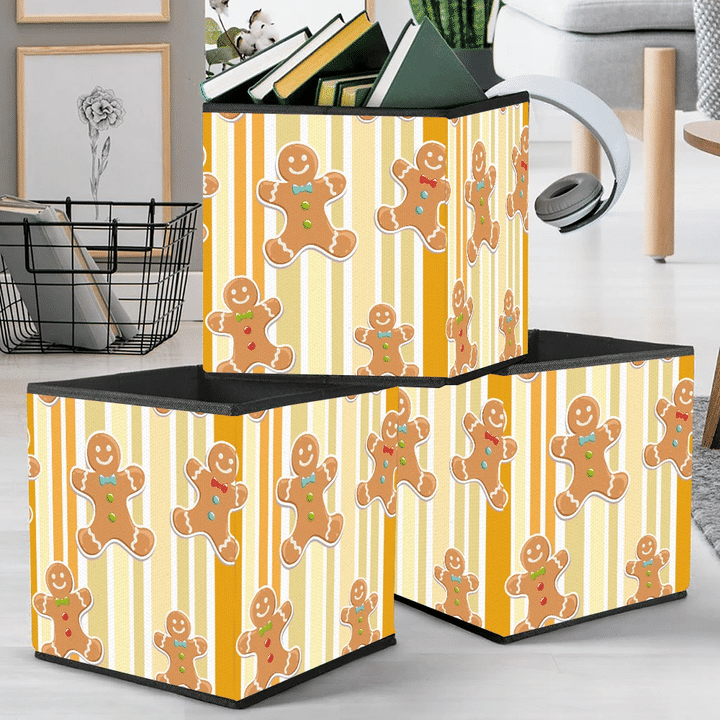 Kawaii Gingerbread Man Smiling Face On Colorful Striped Background Storage Bin Storage Cube