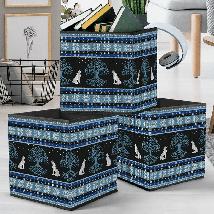 Winter Night Tree Of Life And Howling Wolves Storage Bin Storage Cube