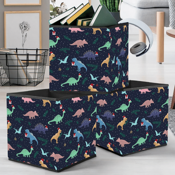 Colorful Dino Characters With Santa Hats And Gifts Storage Bin Storage Cube