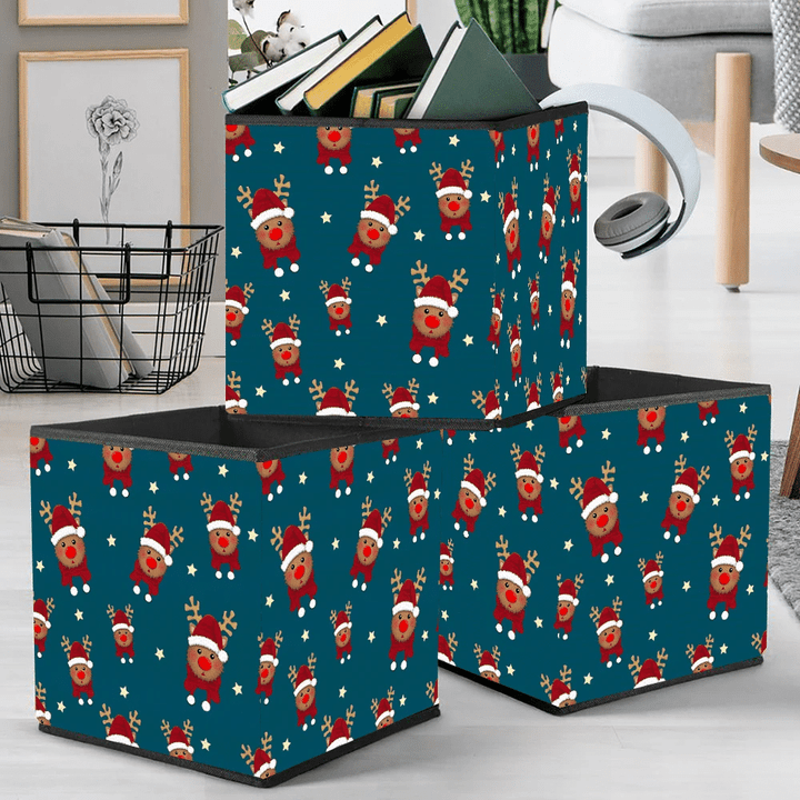 Christmas Reindeer Santa With Red Scarf On Indigo Blue Storage Bin Storage Cube