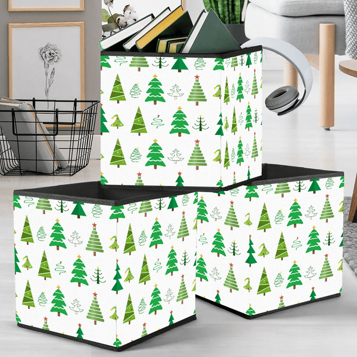 Green Cute Christmas Trees On White Storage Bin Storage Cube