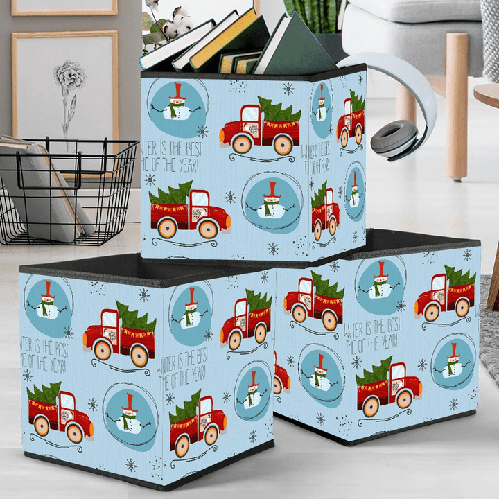 Endless Christmas Themed With Lettering Red Trucks And Snowmans Storage Bin Storage Cube