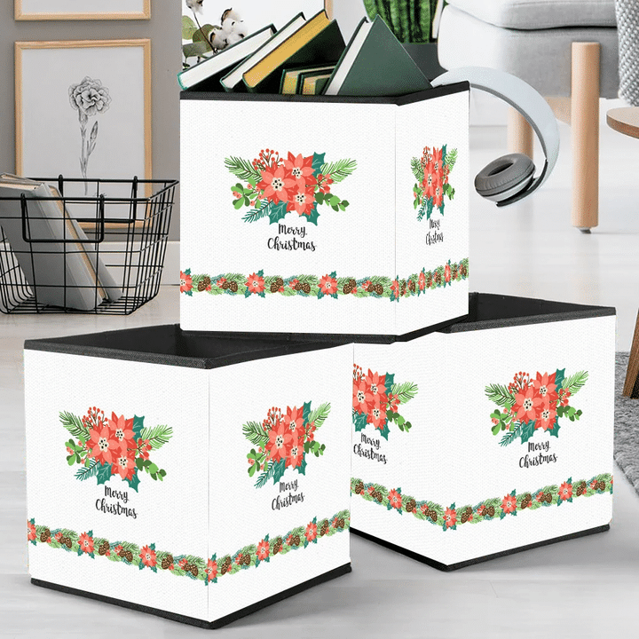 Christmas Branches Red Poinsettia And Pinecone Storage Bin Storage Cube