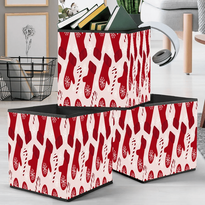 Sweet Candy Canes And Red Mittens On Pink Backgrond Storage Bin Storage Cube