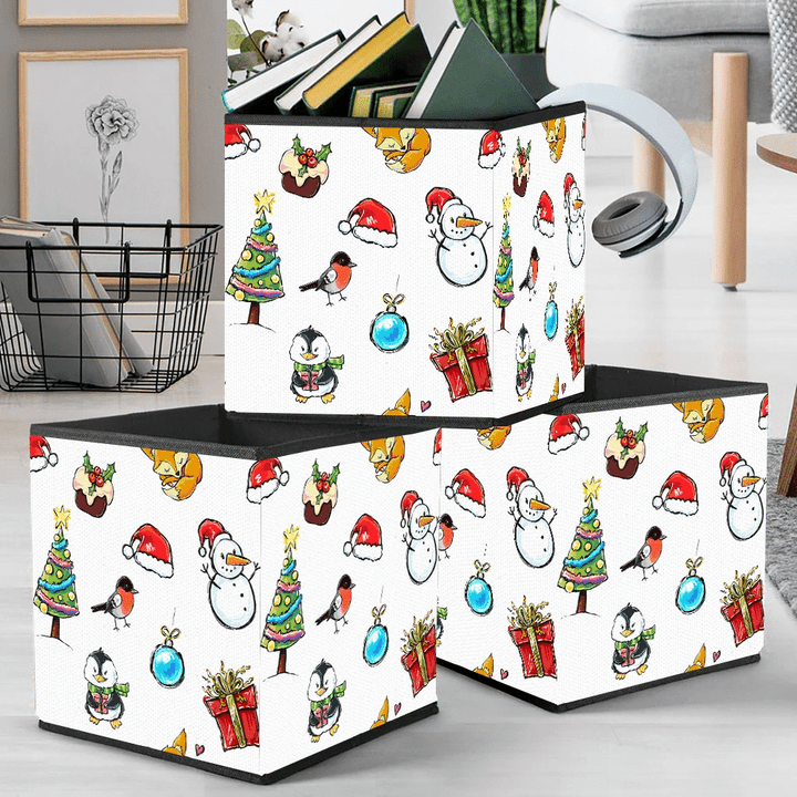 Christmas Festive Background Penguin Winter Holiday Storage Bin Storage Cube