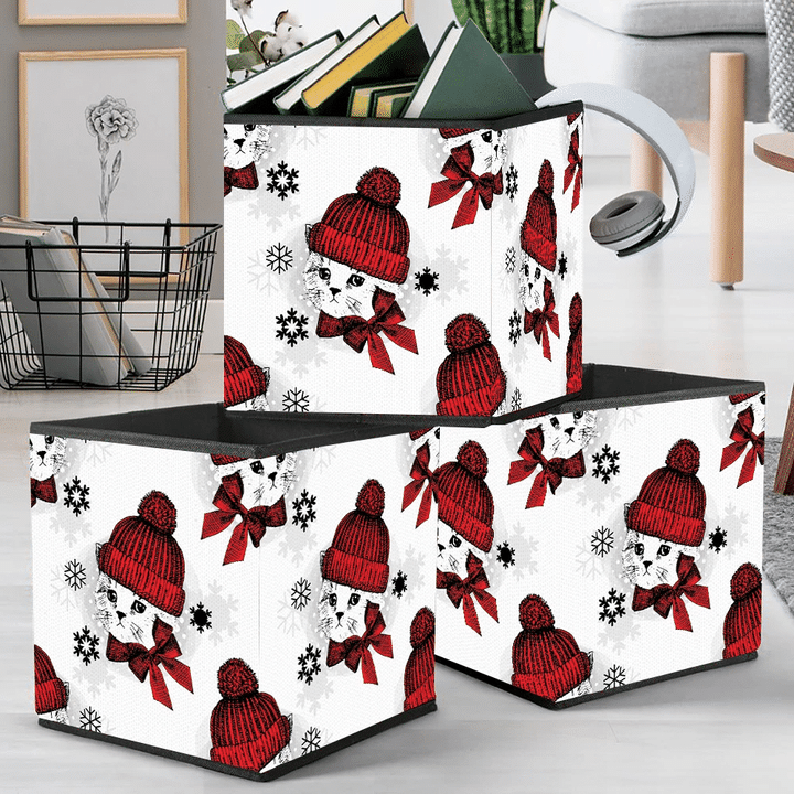 Lovely Cat In Red Cap And Scarf With Snowflakes Ornate Drawn Storage Bin Storage Cube