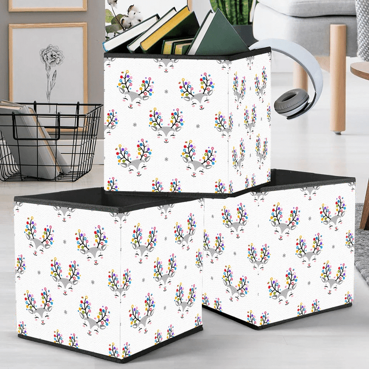 Christmas Reindeer With Red Nose And Lights On Antlers Storage Bin Storage Cube