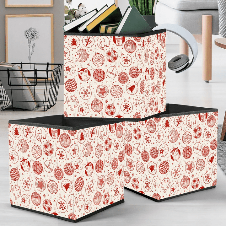 Red Color Cute Ornated Christmas Balls And Snowflakes Storage Bin Storage Cube