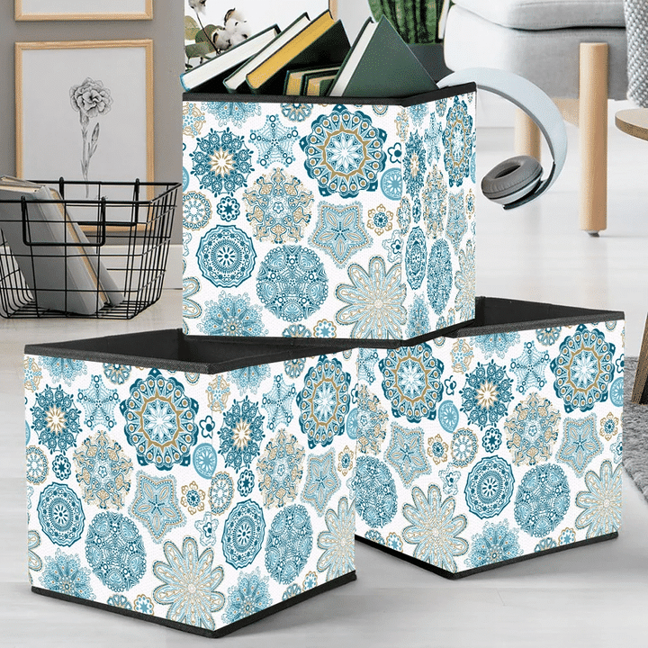 Patchwork Style Florals Snowfalkes On White Background Pattern Storage Bin Storage Cube