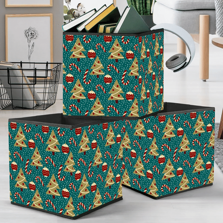 Christmas Tree Candy Ball And Snow On Blue Background Storage Bin Storage Cube
