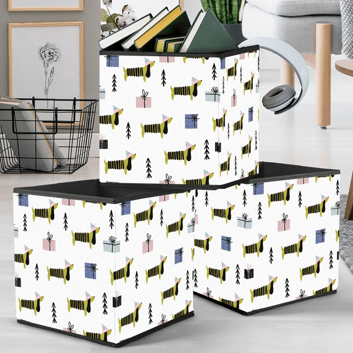 Dachshund And Gift Boxes Christmas Background Storage Bin Storage Cube