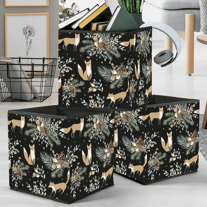 Cute Fox Animals With Green Fir Pine Twigs Cones And Berries Storage Bin Storage Cube