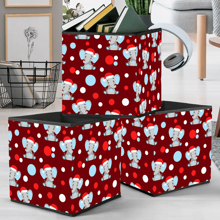Cartoon Baby Elephant In Red Christmas Hat Storage Bin Storage Cube