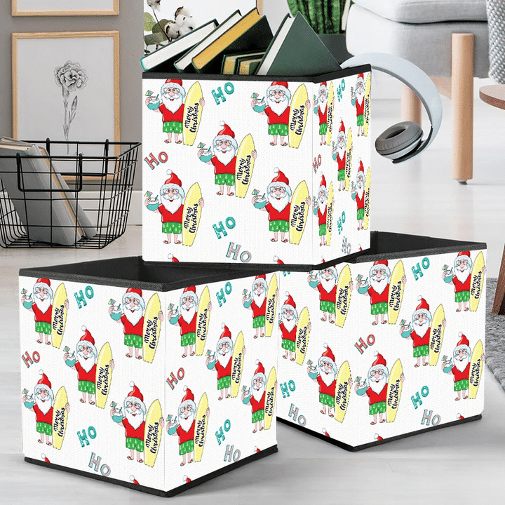 Happy Santa Claus Holds Cocktail And Surfboard Merry Christmas Storage Bin Storage Cube