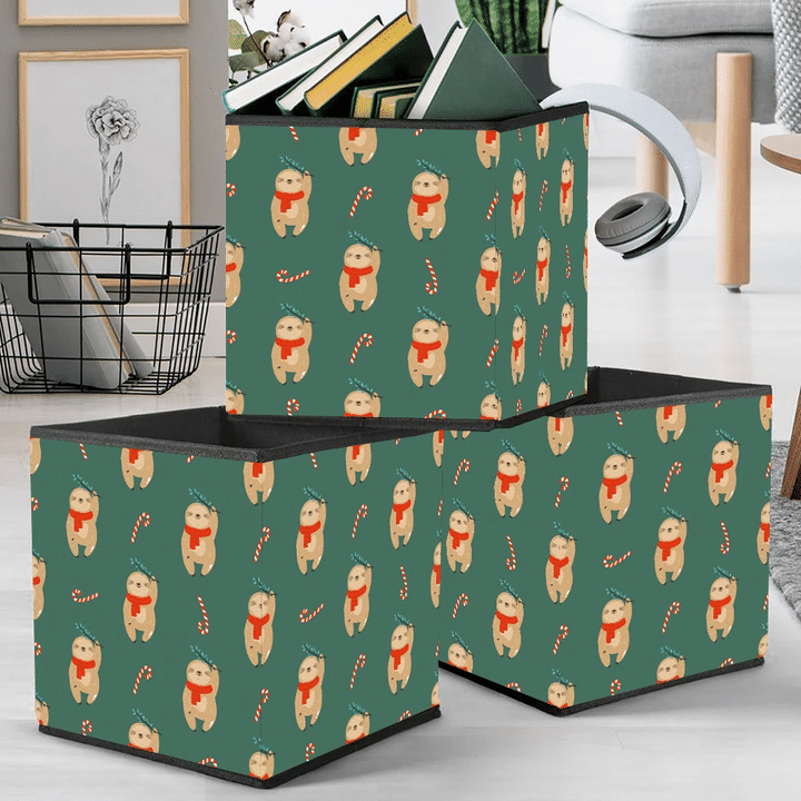 Lovely Sloth Wear Christmas Scarf And Candy Cane Storage Bin Storage Cube