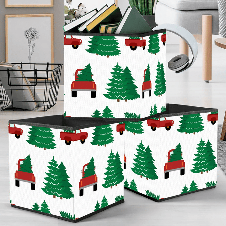Red Trucks And Christmas Trees Isolated On White Background Storage Bin Storage Cube