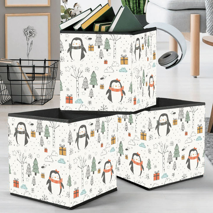 Christmas Winter Cute Penguins With Gift Boxes In The Fores Storage Bin Storage Cube