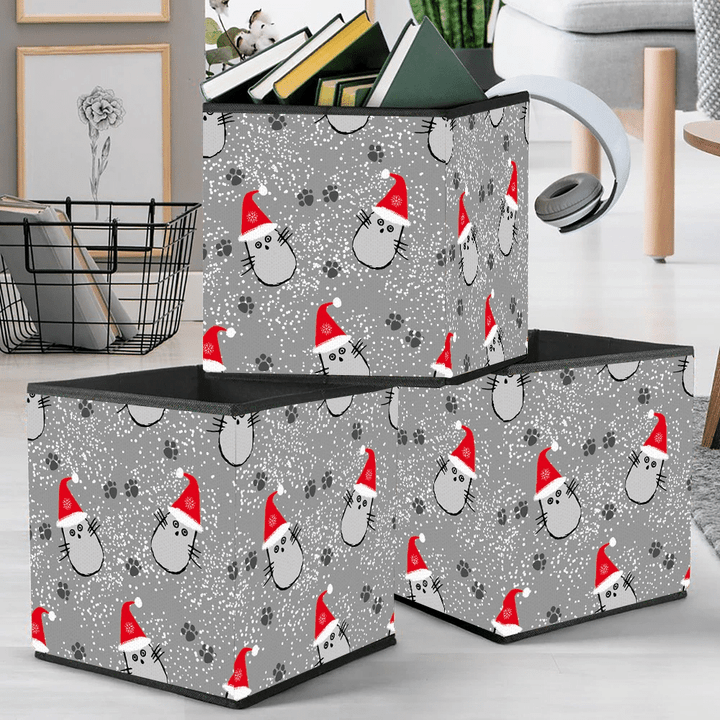 Cats In Christmas Hats On Gray Background Storage Bin Storage Cube
