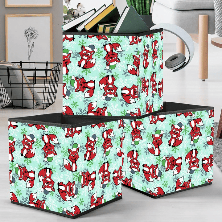 Winter Snow Background With Cute Foxes And Santa Claus Hat Storage Bin Storage Cube