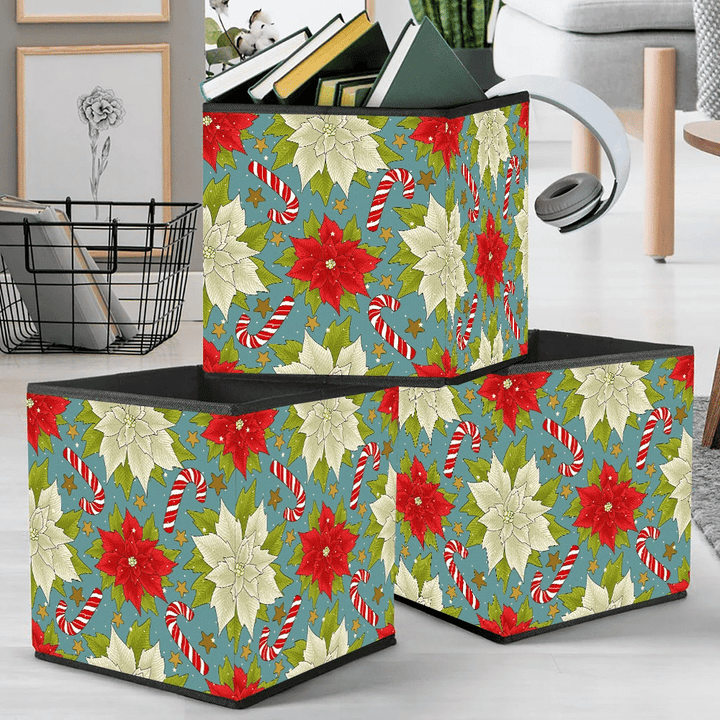 Christmas Red Poinsettia And Candy Cane Storage Bin Storage Cube