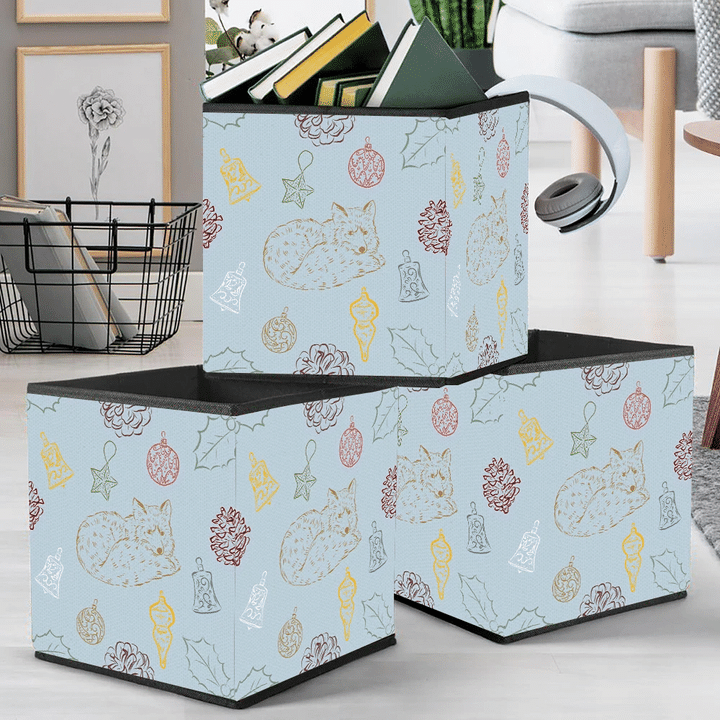 Colorful Hand Drawn Fox Pine Cone And Bell Storage Bin Storage Cube