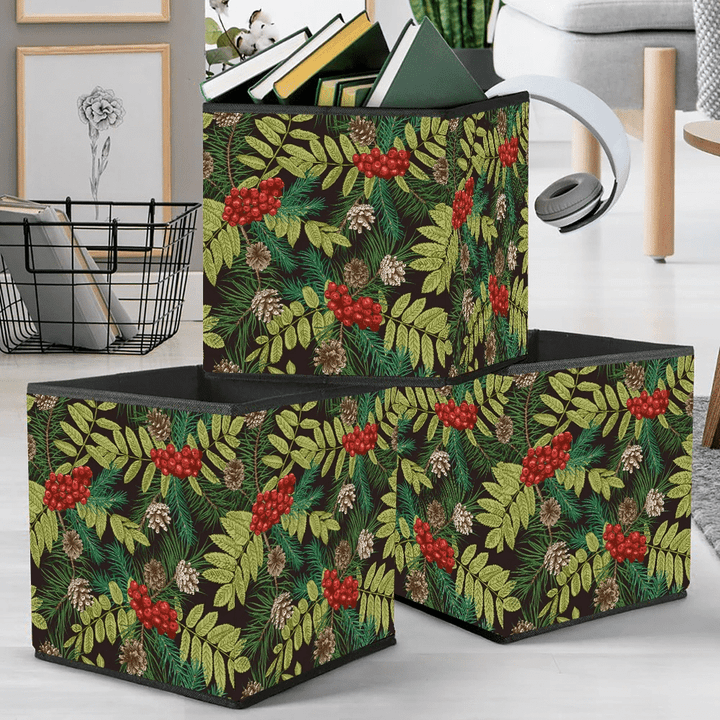 Charming Winter Plants With Botanical Pine Cone And Berries Storage Bin Storage Cube