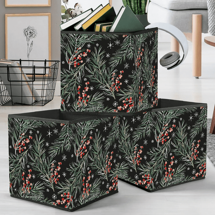 Green Pine Twigs Red Berries And Snowflakes Pattern Storage Bin Storage Cube