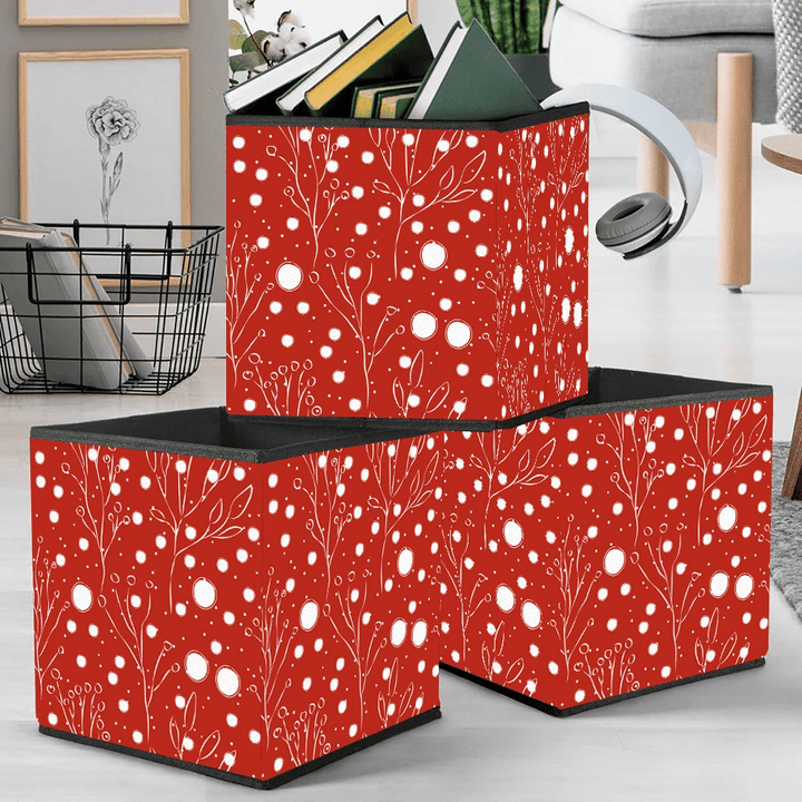 Red Winter Theme With Tree Bracnhes And Snowflakes Illustration Storage Bin Storage Cube